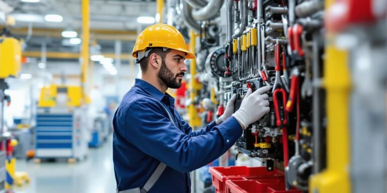 Maintenance worker inspecting machinery in a clean facility.