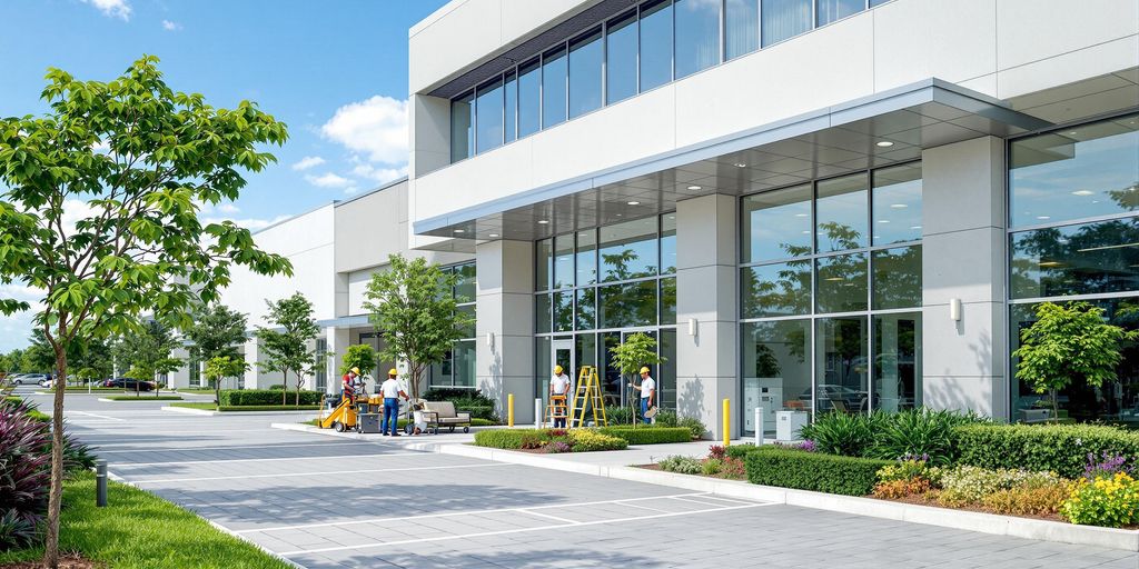 Modern commercial facility with maintenance professionals at work.