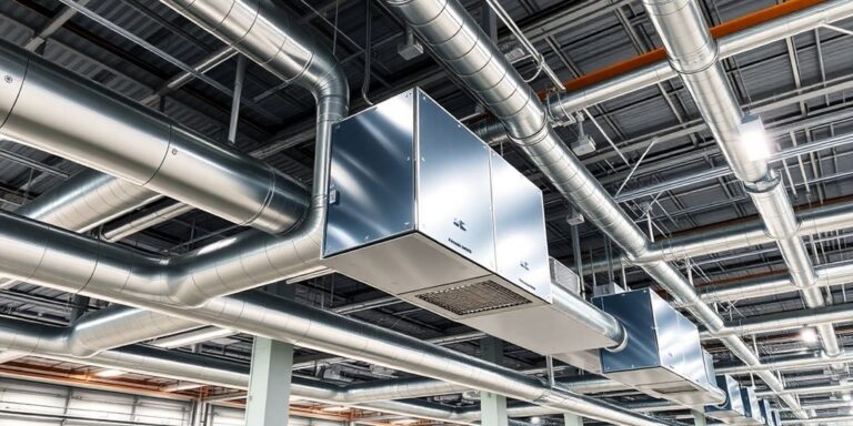 Modern industrial HVAC system with sleek ducts and units.