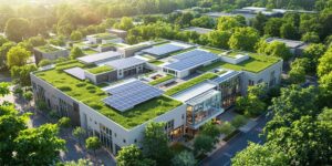 Modern sustainable facility with greenery and solar panels.