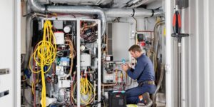 Technician servicing an HVAC system in a home environment.